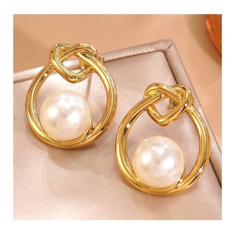 Hot Selling Love Knot Pearl Earrings Wind Personality Versatile Premium Stainless Steel Earrings