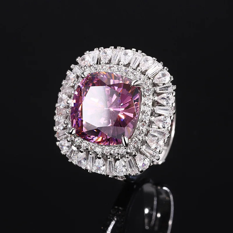 Micro Pave Clear Zircon Smoky Purple Blue High Carbon Diamond Pendant Necklace Adjustable Ring Stud Earrings Jewelry Set