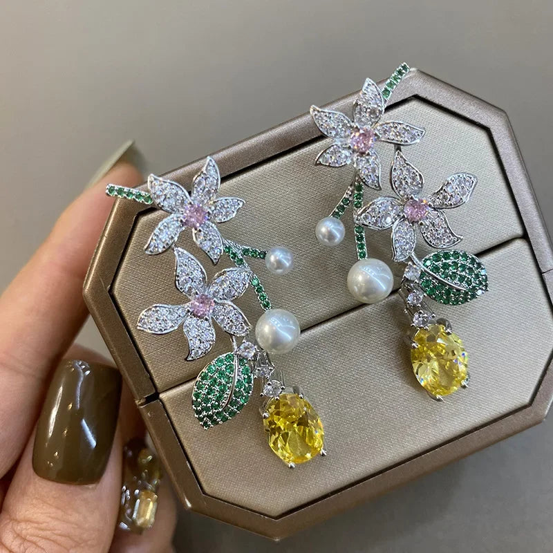 Long Yellow Crystal Earrings Women's Fashion Forest System Exaggerated Holiday Style Floral Drop Earrings Bridal Ear Jewelry