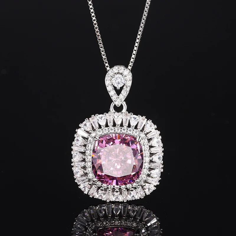 Micro Pave Clear Zircon Smoky Purple Blue High Carbon Diamond Pendant Necklace Adjustable Ring Stud Earrings Jewelry Set