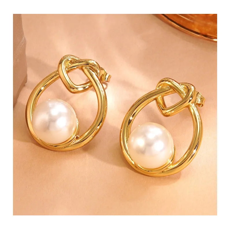Hot Selling Love Knot Pearl Earrings Wind Personality Versatile Premium Stainless Steel Earrings