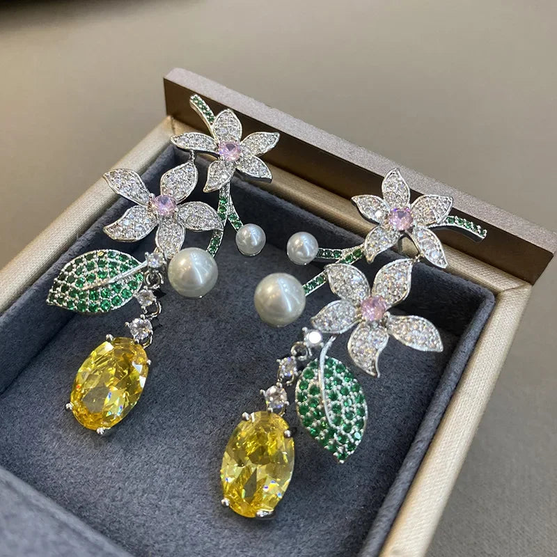 Long Yellow Crystal Earrings Women's Fashion Forest System Exaggerated Holiday Style Floral Drop Earrings Bridal Ear Jewelry